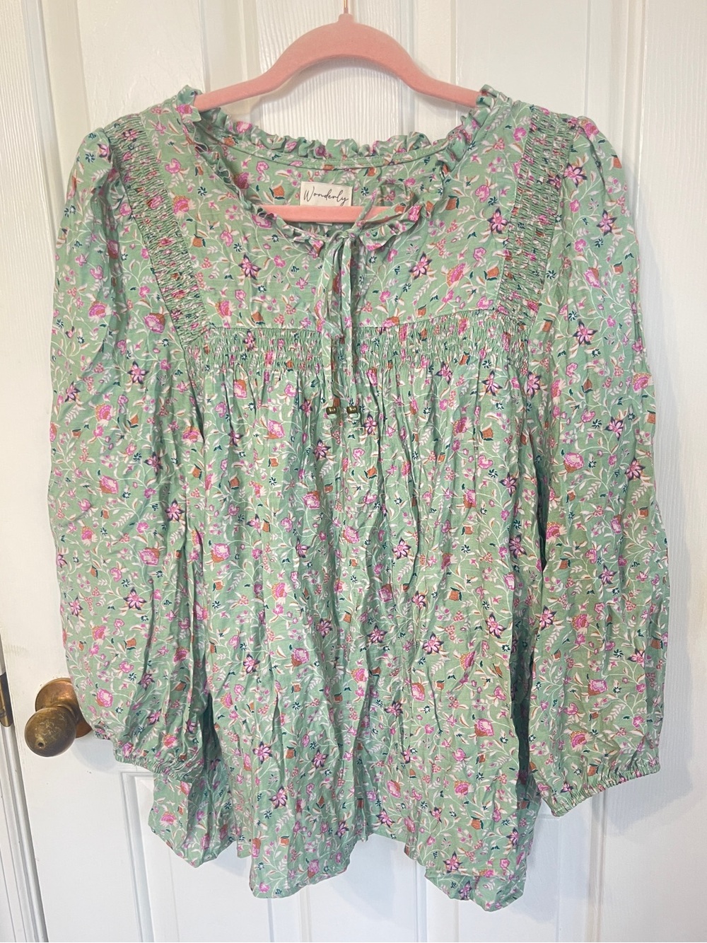 Wonderly Cottagecore Peasant Top Size 2X Green White Floral  Long sleeve Flowy